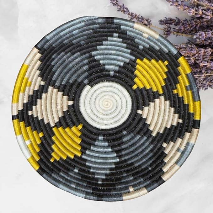 Handwoven African Basket Handmade sisal Fruit Bowl Wall Hanging decorative Baskets for Home Living Room Kitchen Centerpiece Zen Designs Arts and Crafts (Slate Grey Black Yellow, 12in diameter)