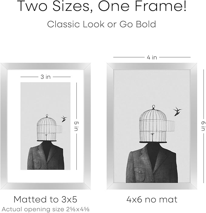 Homeforia 4x6 Picture Frame Silver, High End Metal 4 x 6 Silver Frames with Mat 3 x 5 Print, 4by6 Desk Frame Matted to 3x5 inch Photo, 4 by 6 Wall or Tabletop Frame, Tempered Glass, Wall Kit, Set of 3