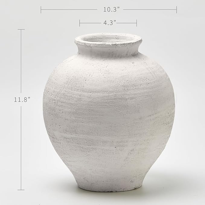 LB2 Large White Ceramic Vase, 11" Tall Zen Style vase, Terra Cotta Pitcher Vase, Distressed Farmhouse Decor, Pottery Decorative Flower for Home Decor (H 11.8" X 11")