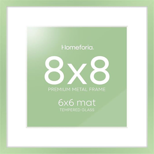 Homeforia 8x8 Sage Green Frame, High End Metal 8 x 8 Square Picture Frames with Mat 6 by 6 Photo, 8x8 Display Frame Matted to 6x6 Print, 8by8 Wall or Tabletop Frames, Tempered Glass, Wall Kit, Set of 1