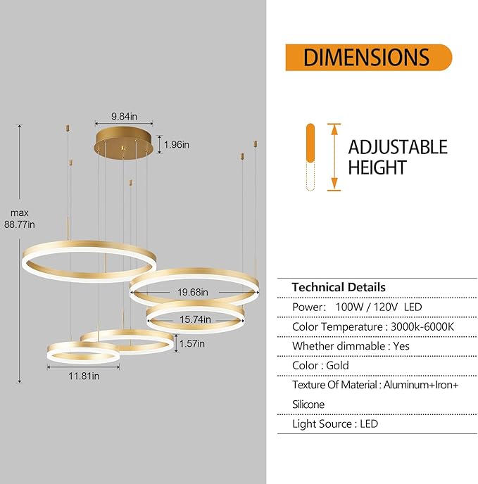 Modern Gold Chandelier Ring LED Dimmable Pendant Light Ceiling Light Fixtures 5 Rings Circle Geometric Chandeliers for Dining Room Living Room Entryway Bedroom Hallway Foyer
