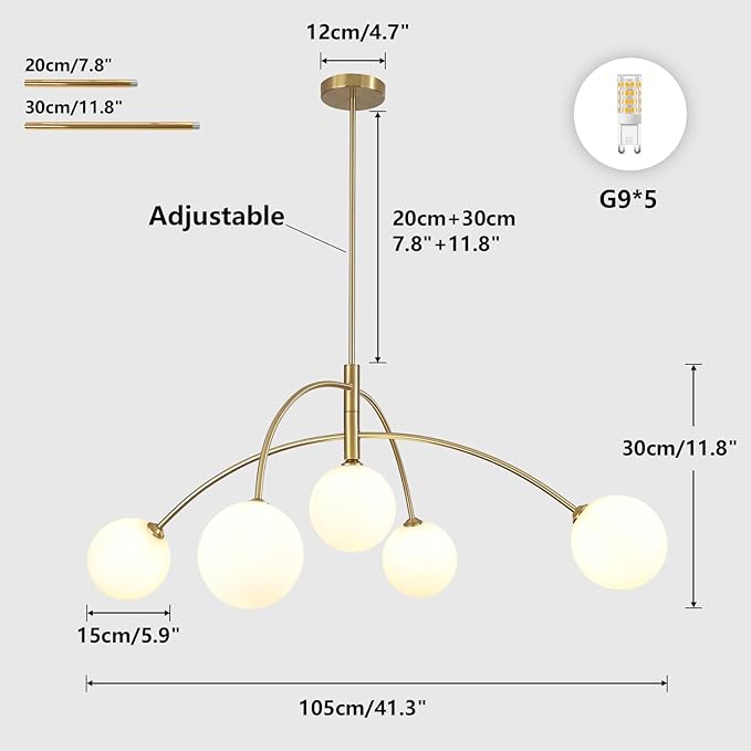 Contemporary Gold Ceiling Light 5-Light Glass Globe Lights Mid Century Modern Sputnik Chandelier for Dining Room Kitchen Bedroom Lighting Fixture
