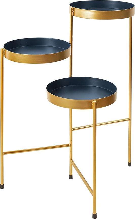Kate and Laurel Finn Tri-Level Plant Stand; 16 x 21 x 30; Navy and Gold; Decorative Metal Plant Stands for Indoor Plants