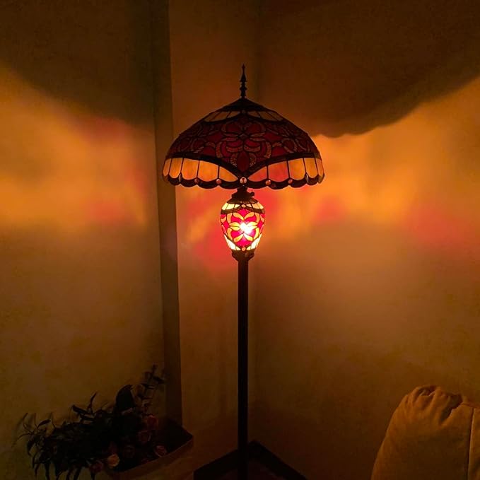 Bieye L10867 Baroque Tiffany Style Stained Glass Double Lit Floor Lamp for Home Decor 64-inch Tall (18-inch Wide, Red)