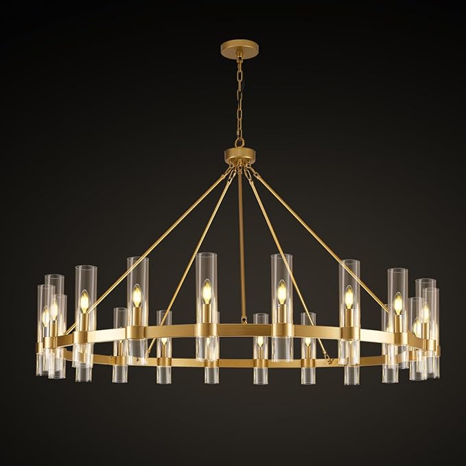 Gold Wagon Wheel Chandelier, 60 Inch Glass Chandeliers, 20 Light Chandelier for High Ceiling, Modern Farmhouse Chandeliers for Living Room, Dining Room, Entryway, Stairwell(Bulbs Included)