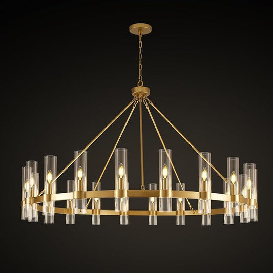 Gold Wagon Wheel Chandelier, 60 Inch Glass Chandeliers, 20 Light Chandelier for High Ceiling, Modern Farmhouse Chandeliers for Living Room, Dining Room, Entryway, Stairwell(Bulbs Included)