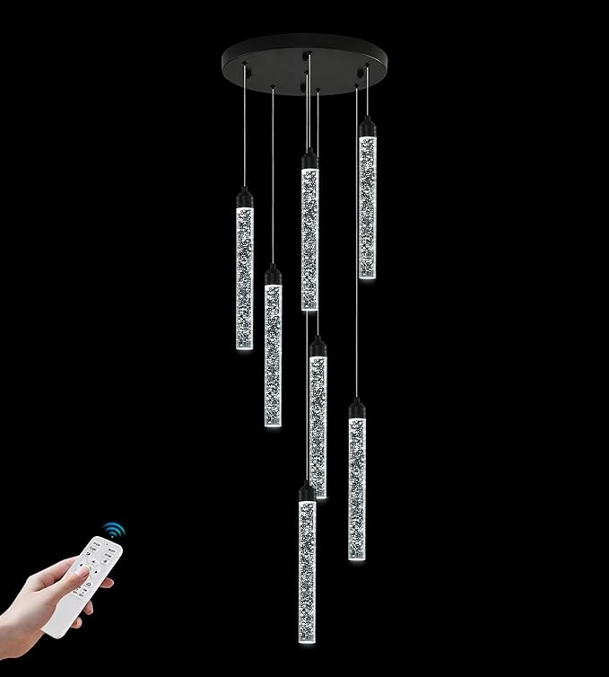 7-Lights High Ceiling Crystal Staircase Chandelier Black Pendant Lights Modern Spiral Raindrop Dimmable LED Bubble Cluster Ceiling Hanging Lighting Fixture for Foyer Living Room Remote Control