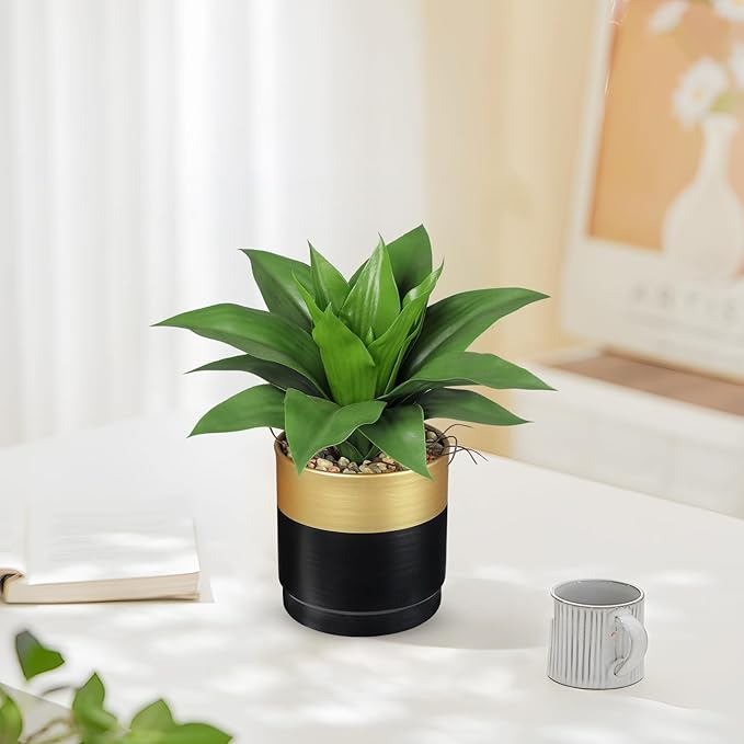 Briful Agave Artificial Wide Leaf Plant in Black and Gold Pot – 10.2” Tall Faux Greenery with Plastic Leaves & Pebble Base, Fake Plants for Indoor Table Decor, Desk, Shelf, Office or Bathroom