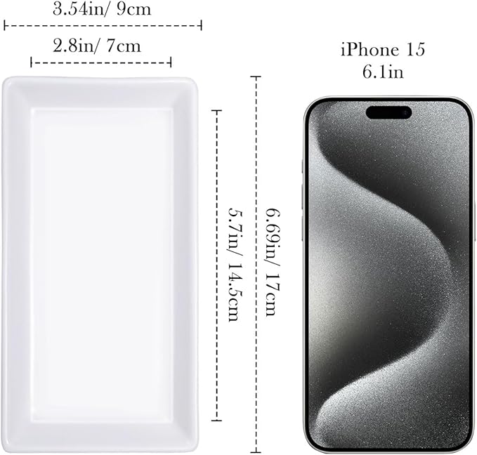 Jewelry Tray, Small Rectangle Ceramic Vanity Tray Jewelry Dish, Trinket Perfume Tray for Cosmetics, Rings, Bathroom Kitchen Soap, White