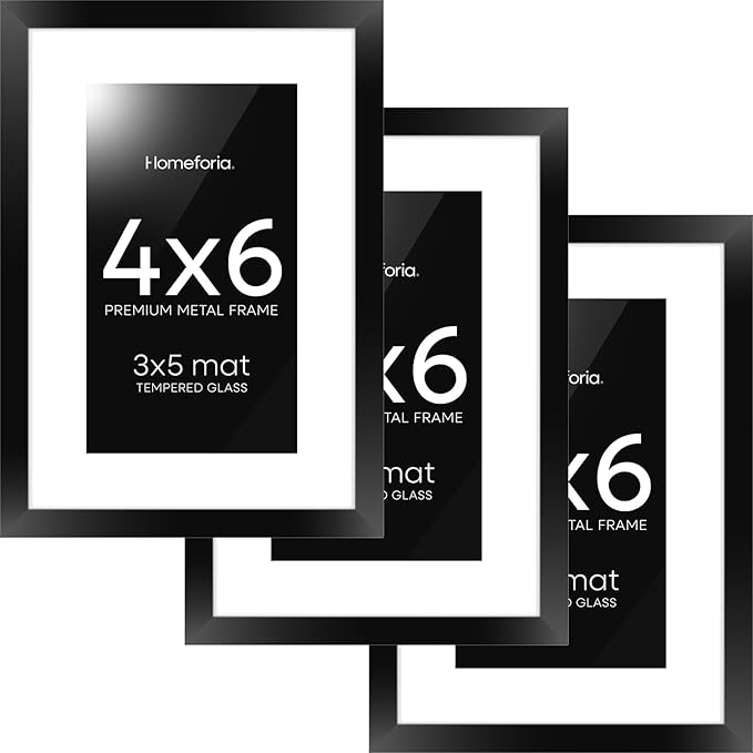 Homeforia 4x6 Picture Frame Black, High End Metal 4 x 6 Black Frames with Mat 3 x 5 for Art, 4x6 Desk Frame Matted to 3x5 inch Photo, 4 by 6 Wall or Tabletop Frames, Tempered Glass, Wall Kit, Set of 3