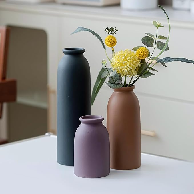 Ceramic Vase Set of 3, Farmhouse Rustic Decorative Vase for Home Decor, Modern Glazed Vase, Table Centerpiece for Living Room, Shelf, Bedroom, Kitchen (Black Purple)
