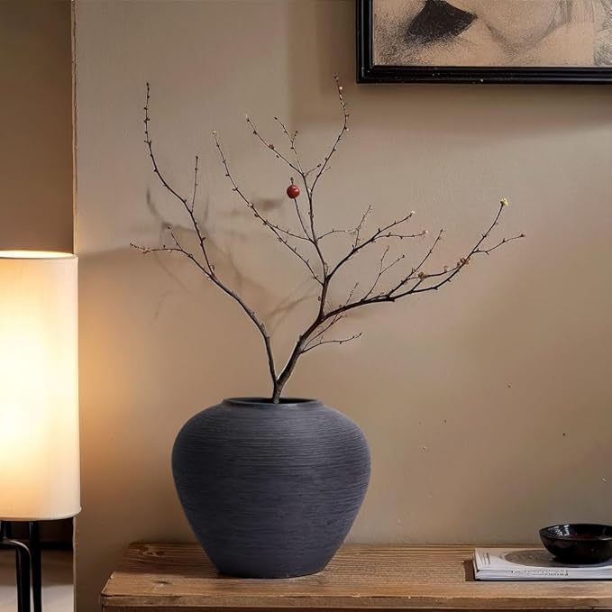 Rustic Black Ceramic Vase with Textured Finish, Large Round Terracotta Vases for Farmhouse Home Decoration, Wide Mouth Vintage Pottery Vases for Living Room, Kitchen, Table Centerpieces