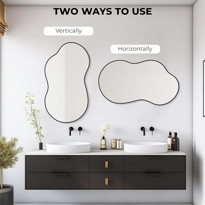 WallBeyond Irregular Wall Mirror – Asymmetrical Mirror with Aluminum Alloy Frame, Decorative Wall Mirror for Living Room, Bedroom, Bathroom, and Entryway 36" H x 20" W (Black)