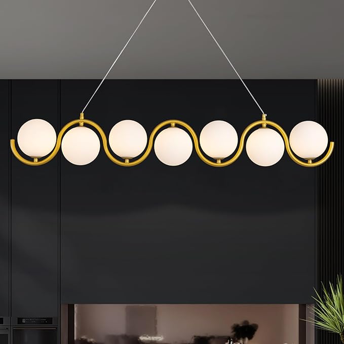 Modern Gold Chandelier 7 Light mid-Century Glass Bubble Chandeliers Globe Pendant Light Linear Dining Room Chandelier for Kitchen Island Living Room,Bedroom Room,Hallway.
