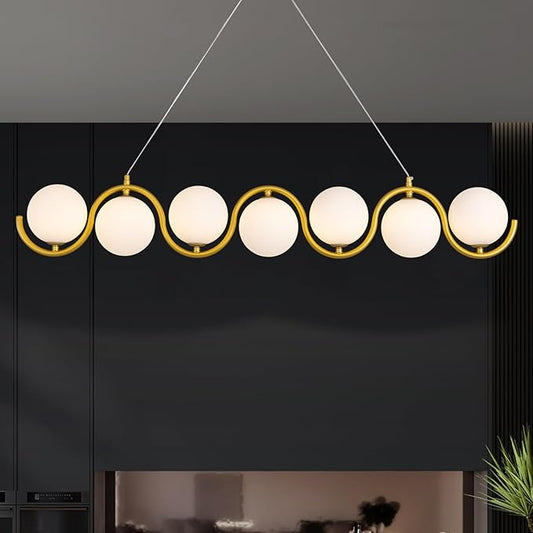 Modern Gold Chandelier 7 Light mid-Century Glass Bubble Chandeliers Globe Pendant Light Linear Dining Room Chandelier for Kitchen Island Living Room,Bedroom Room,Hallway.