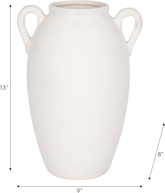 Sagebrook Home Stoneware Vase with Handles Ceramic Rustic for Flowers - Home Decor for Living Room, Bedroom, Office - Textured Pottery Accent for Floral Arrangements - 13" White