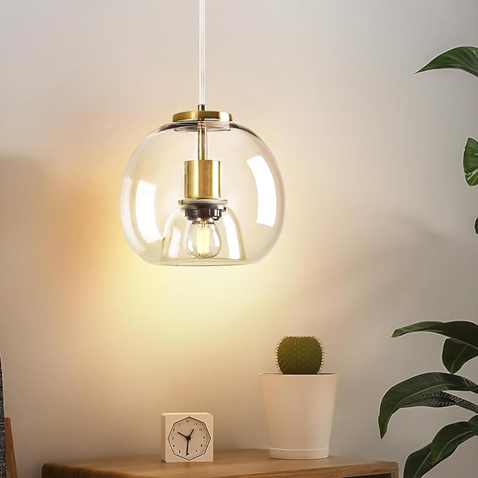 Clear Glass Pendant Lights Kitchen Island 3 Pack 7.87" Glass Globe Pendant Light Gold Hanging Light Fixture Modern Pendant Lighting for Kitchen Island Bedroom Dining Room