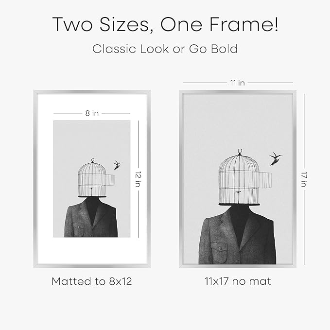 Homeforia 11 x 17 Frame Silver, High End Metal 11x17 Picture Frames with Mat 8x12 for Photo, 11 x 17 Silver Poster Frame Matted to 8 x 12 Print, 17x11 Hanging Frame, Tempered Glass, Wall Kit, Set of 3