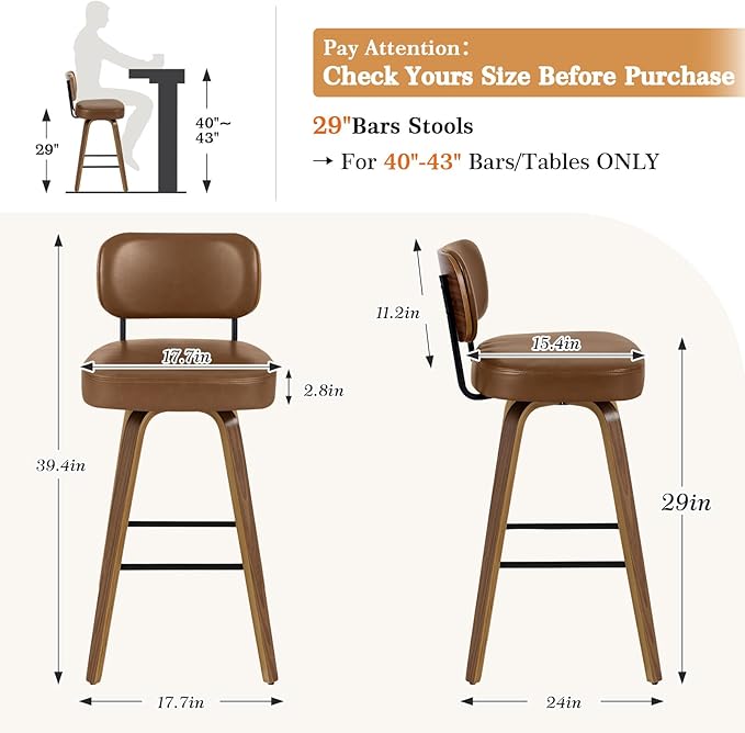 Swivel Bar Stools Set of 4, 29" Upholstered Faux Leather Barstools with Back and Bent Wood Legs, Mid Century Modern Bar Chair Island Stool for Kitchen Counter, Brown