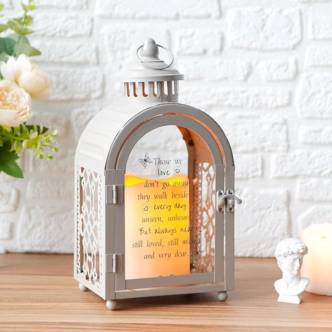 TRIROCKS Memorial Lantern 11'' High Walk Beside Us Remembrance Lantern With Automatic Timer LED Candle And Love Pattern Bereavement Sympathy Gifts For Funeral Memorial Service Loss of Loved One (Grey)