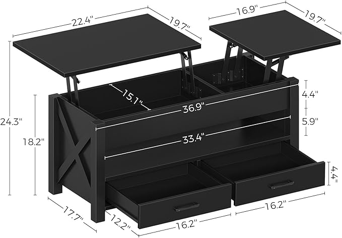 Seventable Coffee Table, 39.3" Lift Top Coffee Table with 2 Storage Drawers and Hidden Compartment, X Wood Farmhouse Support, Retro Center Table with Lift Tabletop for Living Room,Black