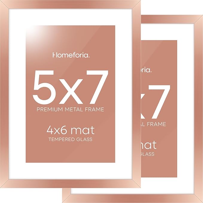 Homeforia Rose Gold 5x7 Picture Frame, High End Metal 5 x 7 Frames with Mat 4 x 6 for Print, 5by7 Desk Frame Matted to 4x6 inch Photo, 5 by 7 Wall or Tabletop Frame, Tempered Glass, Wall Kit, Set of 2
