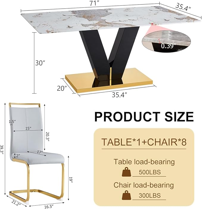71'' Dining Table Set for 8,Marble Dining Table Set,Modern Kitchen Table with 8 PU Leather Chairs,Gold Dining Room Table Set with V-Shaped Black Glossy Pillars,Ideal for Kitchen Dining Room