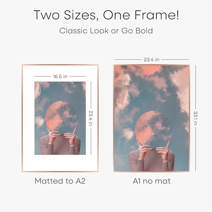 Homeforia A1 Poster Frame Rose Gold, High End Metal A1 Large Picture Frames with Mat A2 Photo, 23.4 x 33.1 Frames Matted to 16.5 x 23.4 Print, 23.4x33.1 Thin Frames, Tempered Glass, Wall Kit, Set of 1