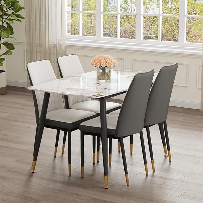 50" Modern Sintered Stone Dining Table Set 5 Pieces Rectangular Faux Marble Kitchen Table with 4 PU Leather Chair Dinner Set(1Faux Marble Table+4White Gray Chairs)
