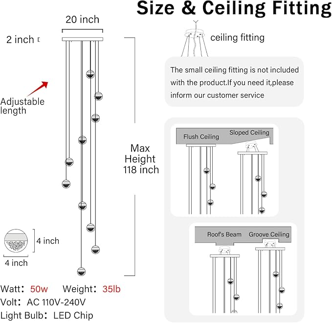 LED Staircase Chandelier Crystal Globe Pendant Light Large Chandeliers for High Ceiling,10-Lights Hanging Flush Mount Lighting Fixtures for Foyer,Entryway,Living Room