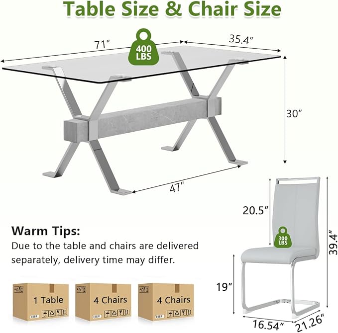 9 Piece Glass Dining Table Set, Kitchen Table Chairs Set for 8, 71'' Dining Table with 0.4" Tempered Glass Tabletop with Plated Metal Legs and MDF Crossbar, 8 PU Chairs for Dining Room, Kitchen.