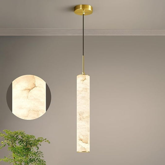 LMQNINE Natural Alabaster Pendant Lights for Kitchen Island White Marble Long Tube Chandelier Modern Gold Ceiling Light Fixtures for Bedroom Dining Room Table Living Room Hallway(M-1Pack)