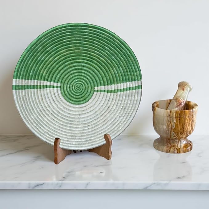 Handwoven African Basket Handmade sisal Fruit Bowl Wall Hanging decorative Baskets for Home Living Room Kitchen Centerpiece Zen Designs Arts and Crafts (Green Off White, 10in diameter)
