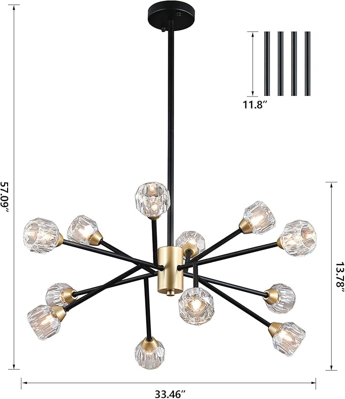 AMZASA Crystal Chandeliers, Modern Black and Gold Sputnik Pendant Lighting, 12 Lights Mid Century Ceiling Light Fixtures for Dining Room Kitchen Island Living Room Bedroom Bar,UL