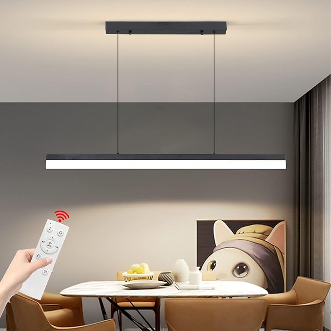 LED Linear Pendant Light, Dimmed Chandeliers for Dining Room with Remote Control, Modern Pool Table Island Lights Adjustable Ceiling Pendant Light for Kitchen, Living Room, Office, Black