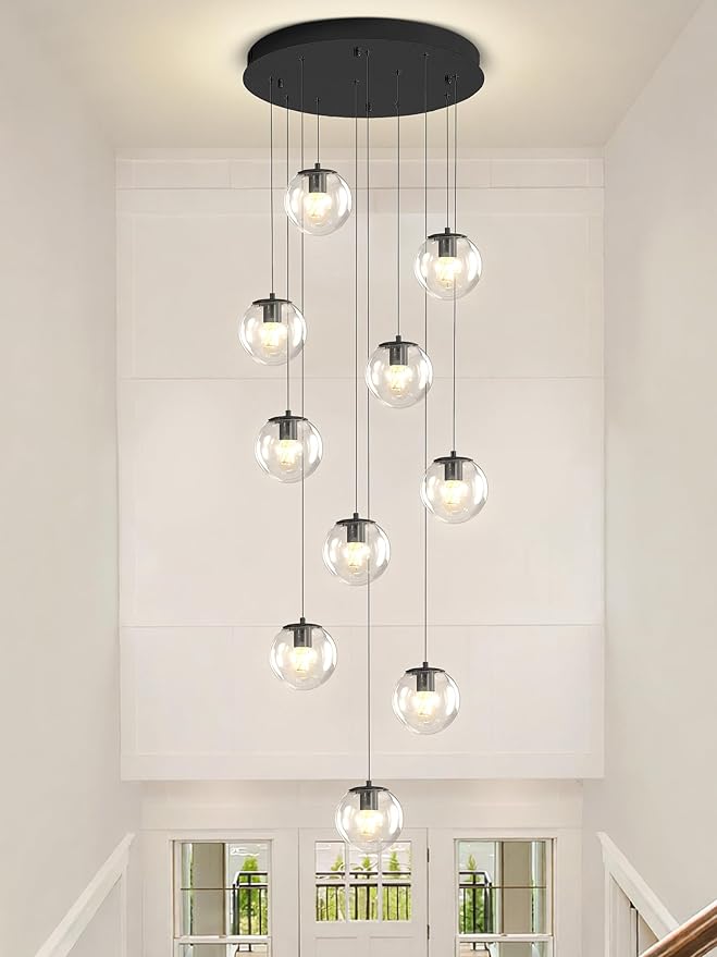 Modern Globe Chandelier H118 Staircase Chandelier for Entryway 12-Lights Glass Globe Pendant Light Large Chandeliers for High Ceiling Foyer Stairwell