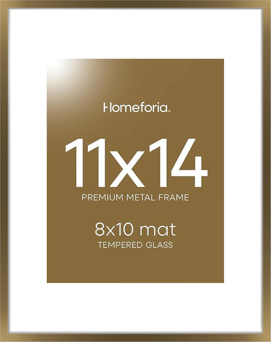 Homeforia 11x14 Bronze Picture Frame, High End Metal 11x14 Brass Frame with Mat 8x10, 11 x 14 Poster Frames Matted to 8 x 10 inch Photo, 11 by 14 Bronze Thin Frames, Tempered Glass, Wall Kit, Set of 1