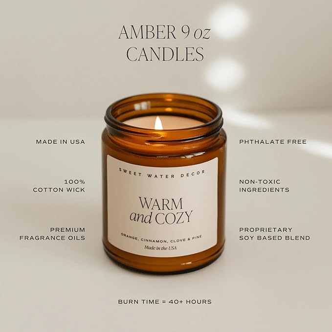 Sweet Water Decor Luxury Getaway Scented Candles - Soy Candles with Lemon, Cedarwood, Cinnamon, Vetiver, Amber & Musk Home Scent - Candle Wax with 40 Hours Burn Time - 9Oz Black Lid Amber Jar Candles