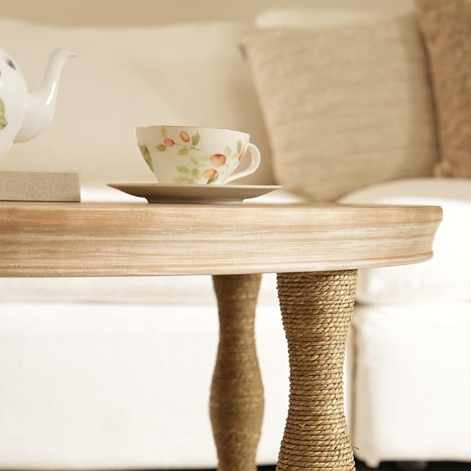 Round Coffee Table,2-Tier Coffee Table Storage,Rope-Wrapped Wood Legs,Rustic Farmhouse Accent Table for Living Room,Natural Wood Finish,Honey Brown,31.9"x15"