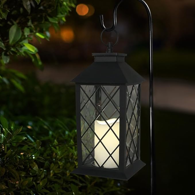Bright Zeal 13.5" Black Vintage Candle Lantern with LED Pillar Candle and Timer - IP44 Waterproof Outdoor Decorative Hanging Lantern Porch Light