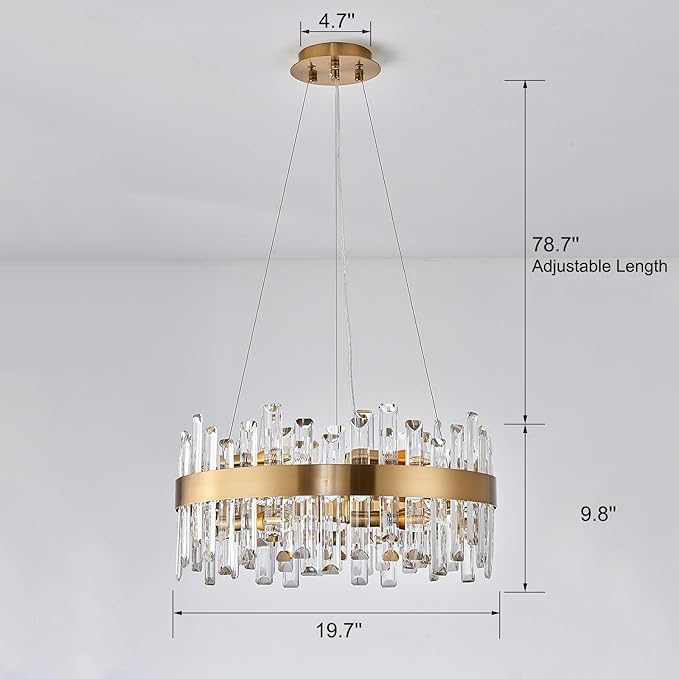 Round Crystal Chandeliers, D19.7 inch 12-Light Brass Gold Chandelier Lighting Fixture, Height Adjustable Pendant Ceiling Light for Living Room Dining Room Bedroom