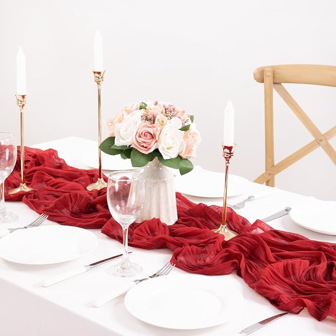 MLMC Red Table Runner 10ft Boho Rustic Gauze Fall Cheesecloth Table Runner Cheese Cloth Decor 35x120 Inches for Halloween Wedding Reception Home Winter Christmas Decor