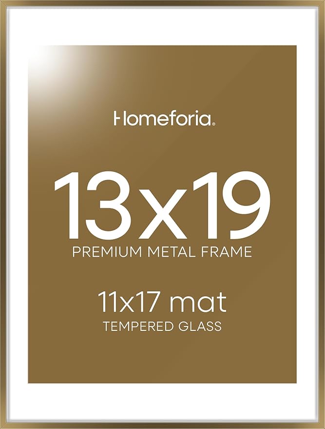 Homeforia 13x19 Picture Frame Bronze, High End Metal 13x19 Brass Poster Frames with Mat 11x17 for Photo, 13 x 19 Frame Matted to 11 by 17 Print, 19x13 Hanging Frame, Tempered Glass, Wall Kit, Set of 1