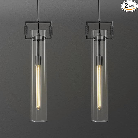 Black Pendant Lights,Modern Glass Pendant Lights Kitchen Island 2 Pack,21.6'' Farmhouse Kitchen Pendant Lighting Over Island for Dining Table,Bathroom,Bedroom
