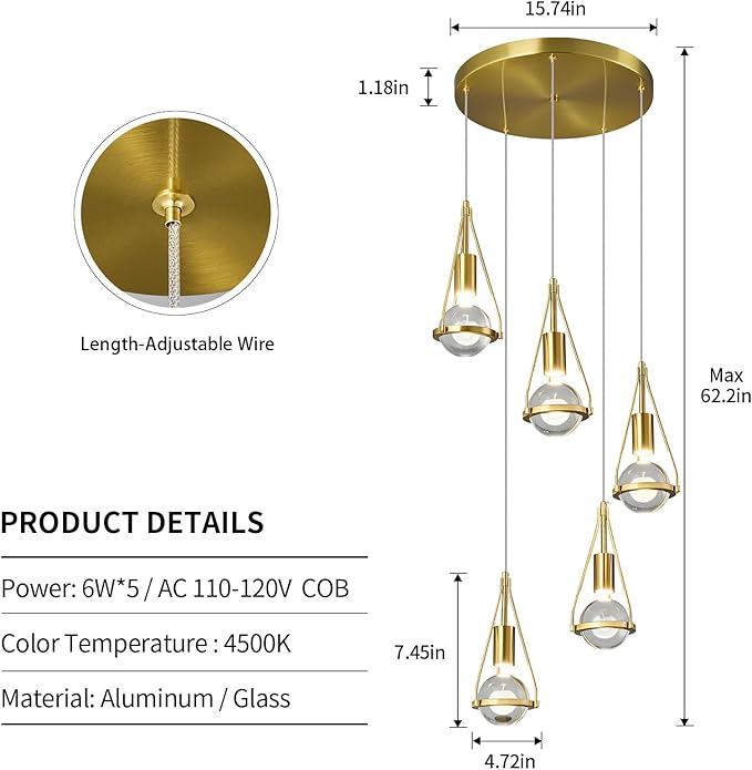 Gold Dandelion Pendant Light in Brushed Brass Finish, 5-Light Modern Crystal Kitchen Island Pendant Lighting Dimmable LED Hanging Ceiling Light Fixture for Bathroom Bedroom