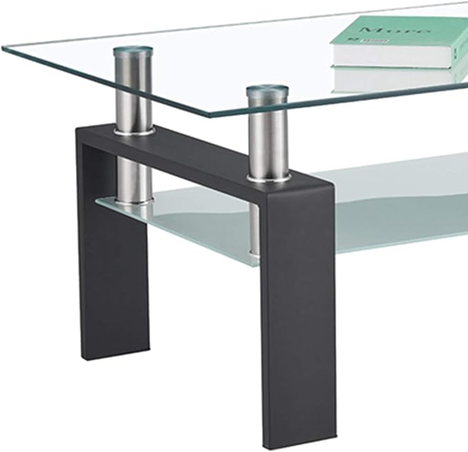 Tempered Glass Coffee Table for Living Room with 2 Tiers Size 39.4" x 23.7" (W x D) Black