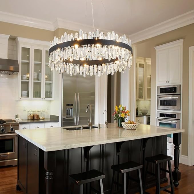 Round Modern Crystal Chandelier, Black Luxury K9 Crystal Raindrop Chandelier, Adjustable Height Pendant Ceiling Light for Dining Living Room Kitchen Island D30