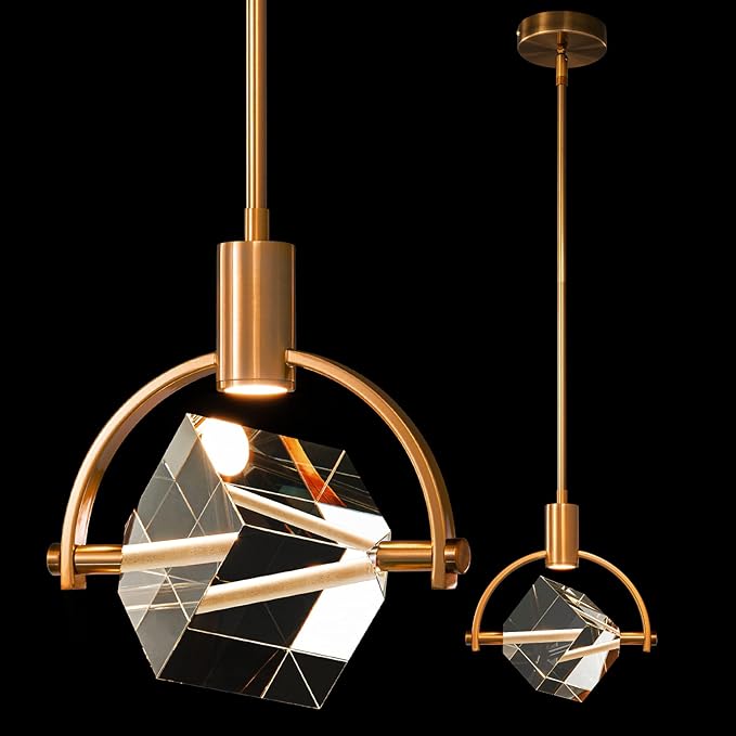 Pendant Ceiling Light Fixture for Kitchen Island, Modern Integrated LED Hanging Light, Crystal Pendant Light in Gold Brushed Brass Finish, Bedroom, Dining Room(1-Lights)