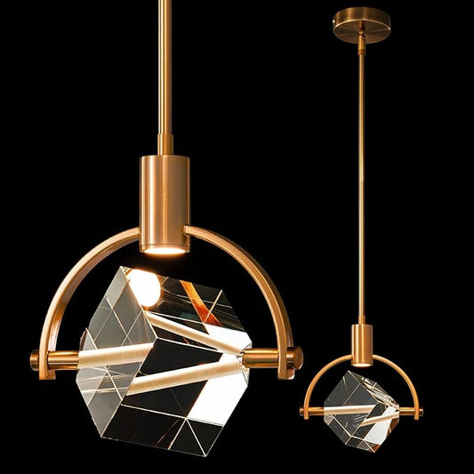 Pendant Ceiling Light Fixture for Kitchen Island, Modern Integrated LED Hanging Light, Crystal Pendant Light in Gold Brushed Brass Finish, Bedroom, Dining Room(1-Lights)