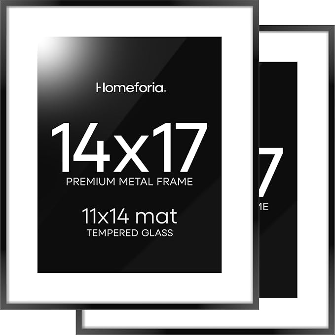 Homeforia 14x17 Picture Frame Black, High End Metal 14 x 17 Poster Frames with Mat 11 x 14 for Photo, 14x17 Black Frame Matted to 11x14 inch Print, 17x14 Thin Frame, Tempered Glass, Wall Kit, Set of 2
